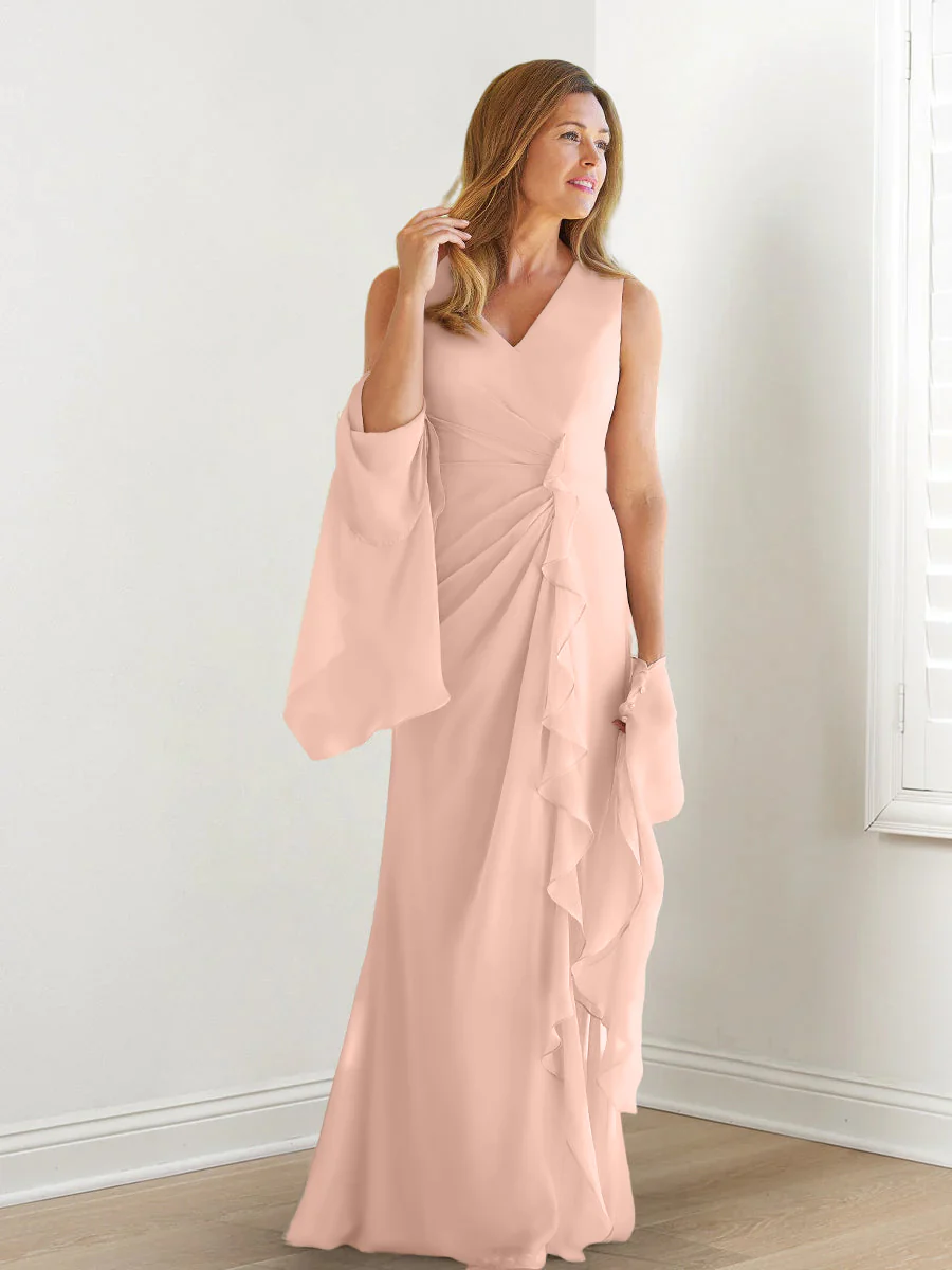 Sheath/Column V-Neck Sleeveless Floor-Length Mother of the Bride Dresses with Wraps & Ruffles - Image 7