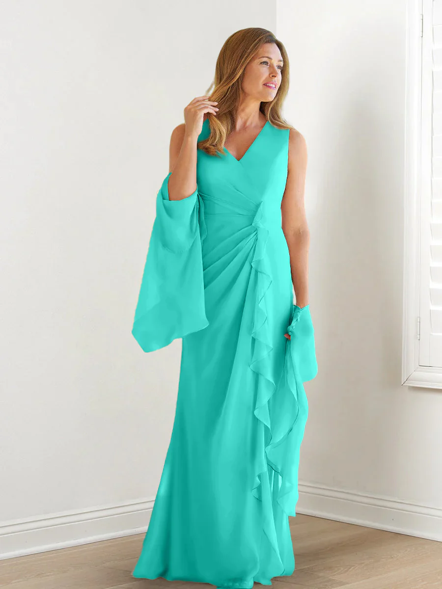 Sheath/Column V-Neck Sleeveless Floor-Length Mother of the Bride Dresses with Wraps & Ruffles - Image 70