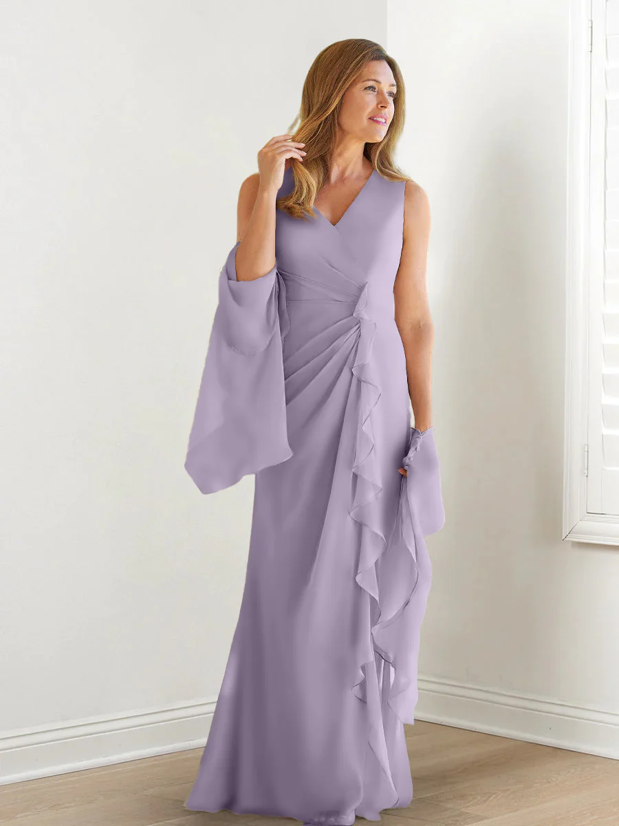 Sheath/Column V-Neck Sleeveless Floor-Length Mother of the Bride Dresses with Wraps & Ruffles - Image 73