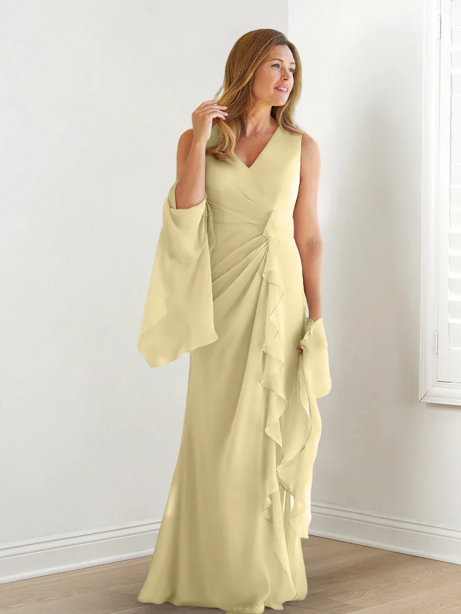 Sheath/Column V-Neck Sleeveless Floor-Length Mother of the Bride Dresses with Wraps & Ruffles - Image 74