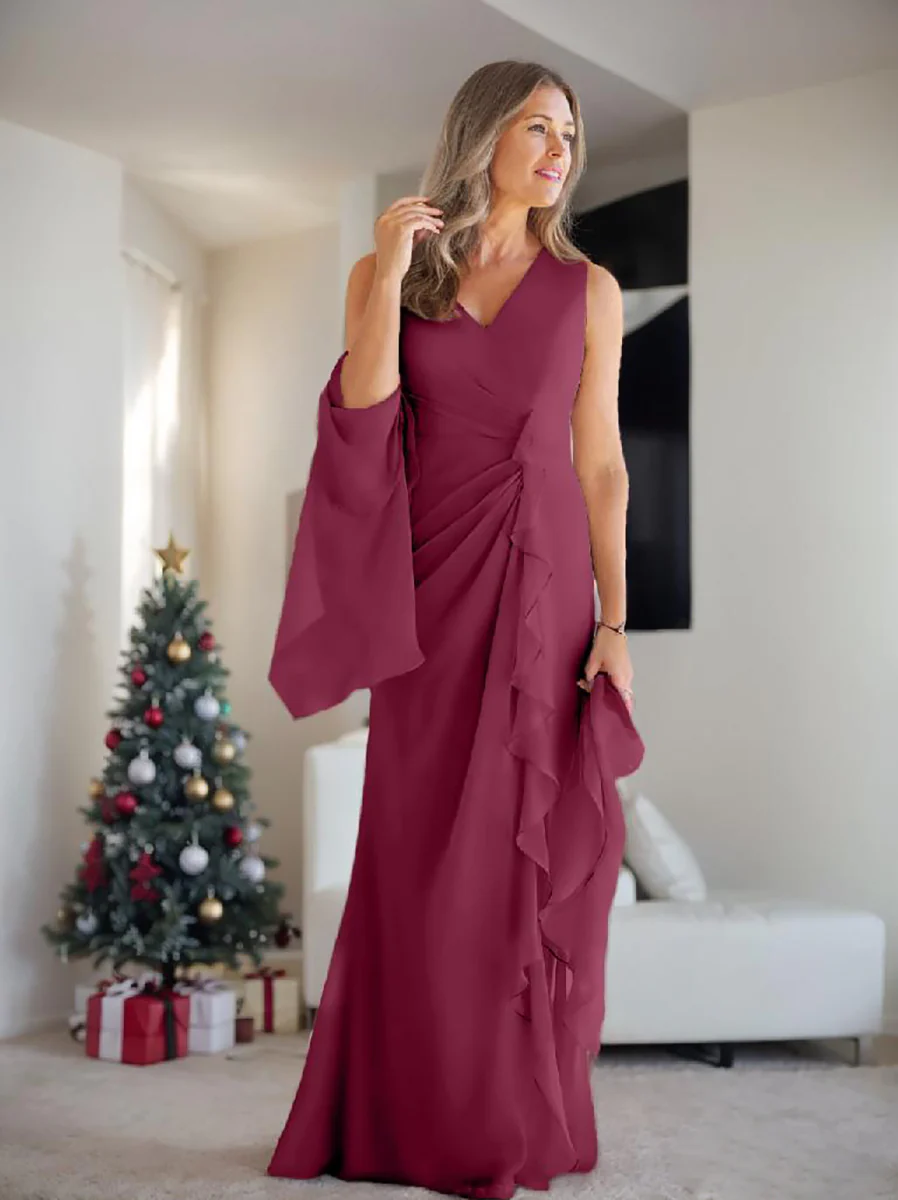 Sheath/Column V-Neck Sleeveless Floor-Length Mother of the Bride Dresses with Wraps & Ruffles - Image 75