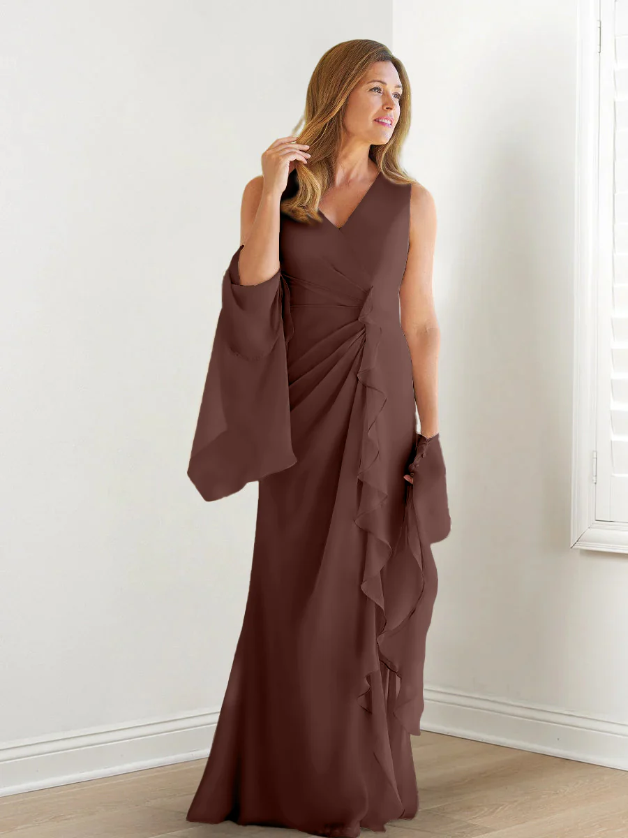 Sheath/Column V-Neck Sleeveless Floor-Length Mother of the Bride Dresses with Wraps & Ruffles - Image 8