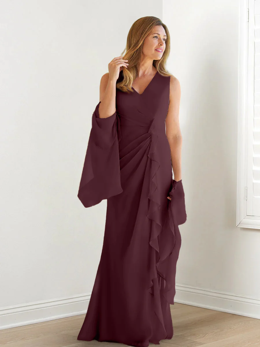 Sheath/Column V-Neck Sleeveless Floor-Length Mother of the Bride Dresses with Wraps & Ruffles - Image 9