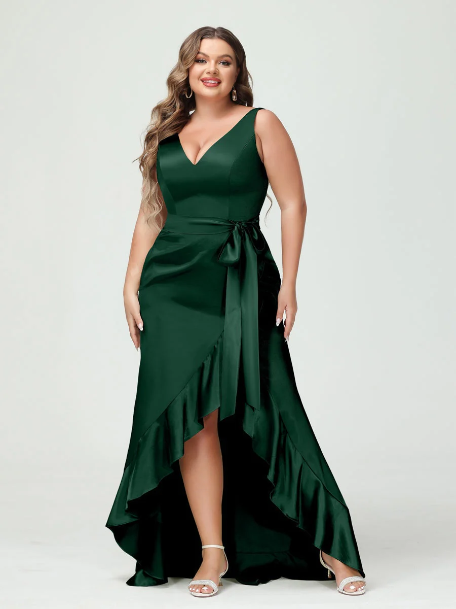 Sheath/Column V-Neck Sleeveless Ruffles High Low Plus Size Dresses with Pockets & Sash - Image 10