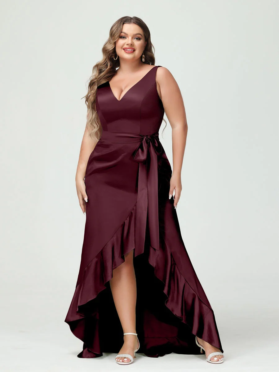 Sheath/Column V-Neck Sleeveless Ruffles High Low Plus Size Dresses with Pockets & Sash - Image 11