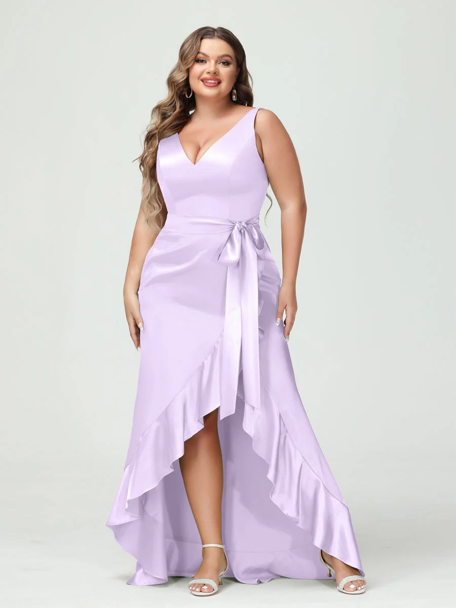 Sheath/Column V-Neck Sleeveless Ruffles High Low Plus Size Dresses with Pockets & Sash - Image 12