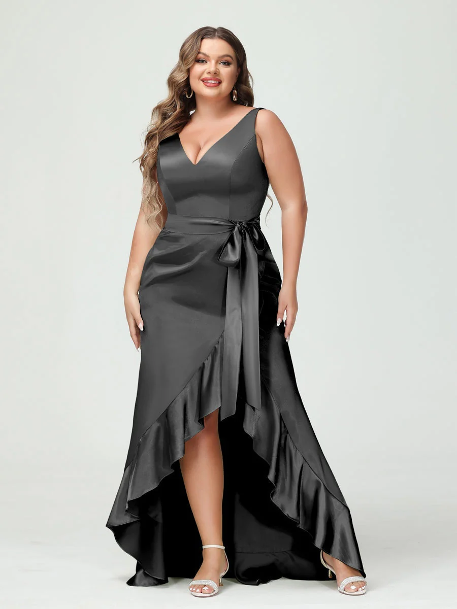 Sheath/Column V-Neck Sleeveless Ruffles High Low Plus Size Dresses with Pockets & Sash - Image 13
