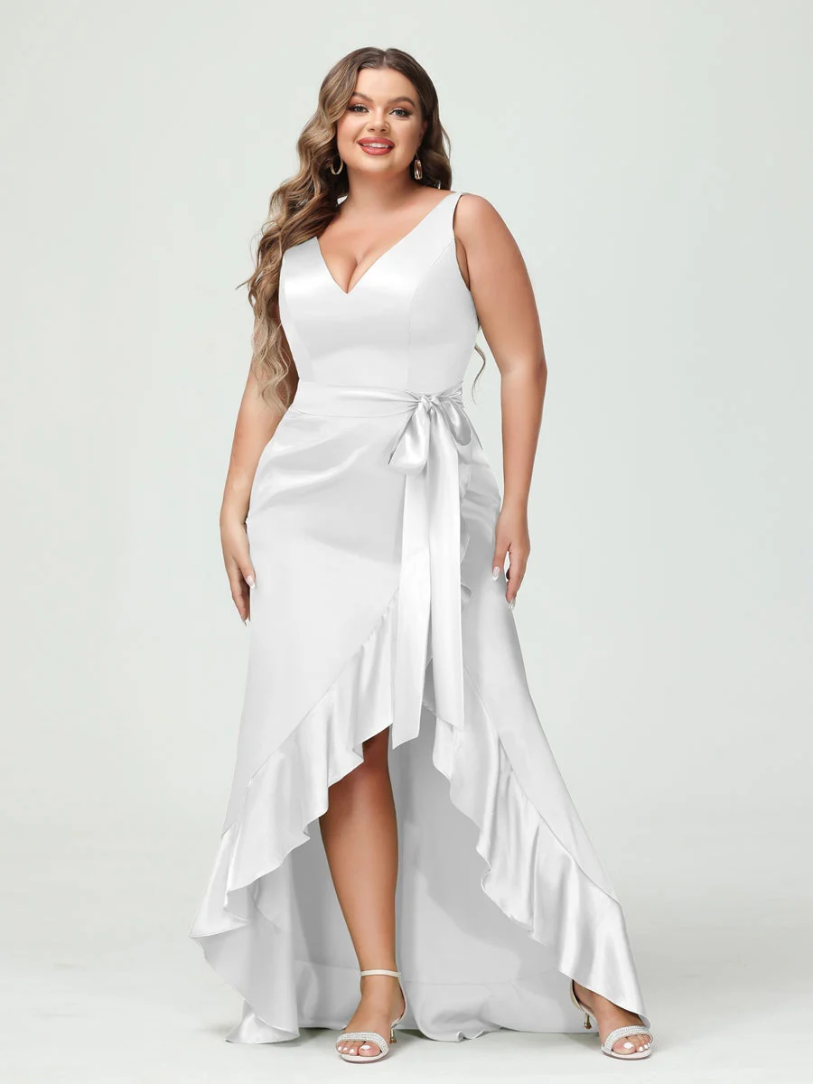 Sheath/Column V-Neck Sleeveless Ruffles High Low Plus Size Dresses with Pockets & Sash - Image 14