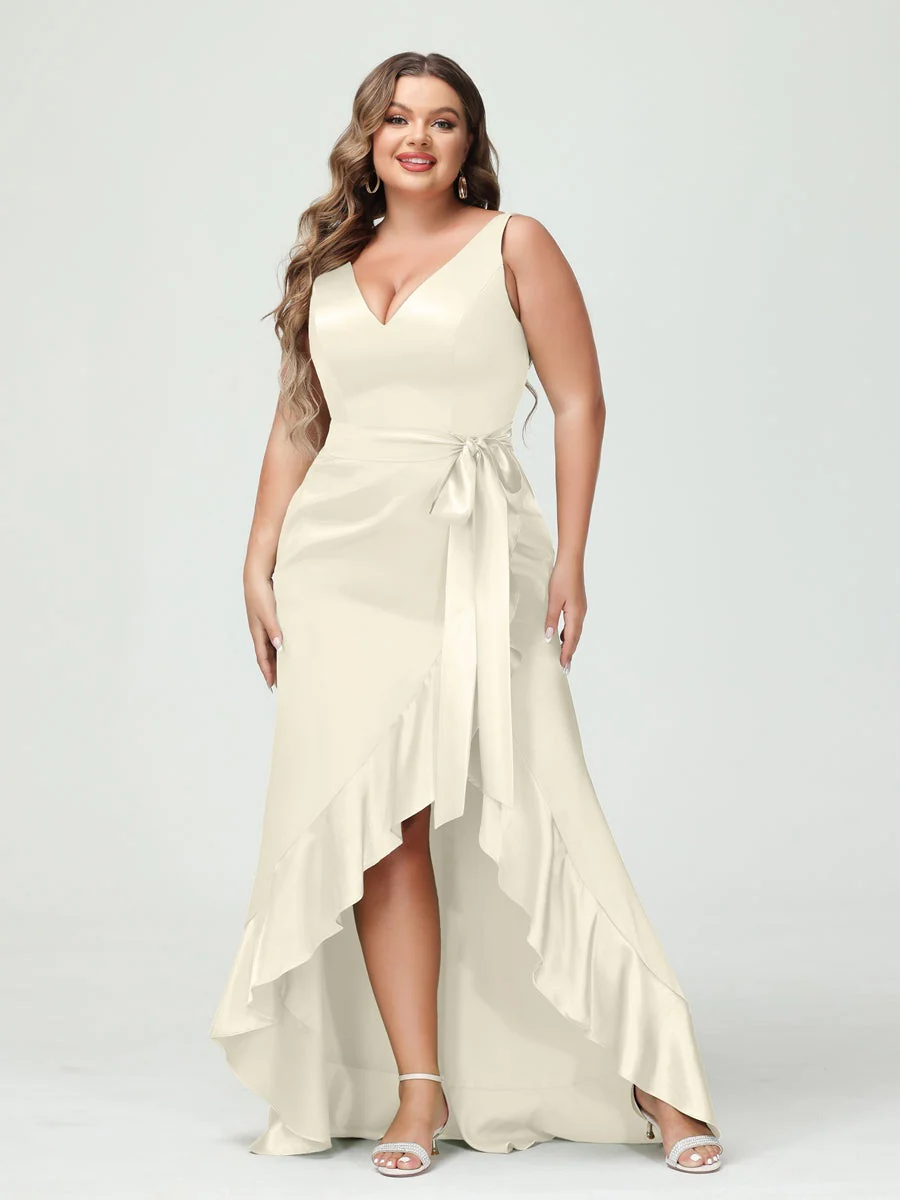 Sheath/Column V-Neck Sleeveless Ruffles High Low Plus Size Dresses with Pockets & Sash - Image 16