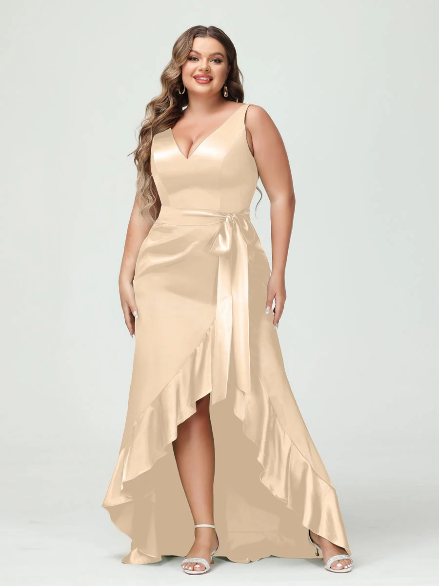 Sheath/Column V-Neck Sleeveless Ruffles High Low Plus Size Dresses with Pockets & Sash - Image 18