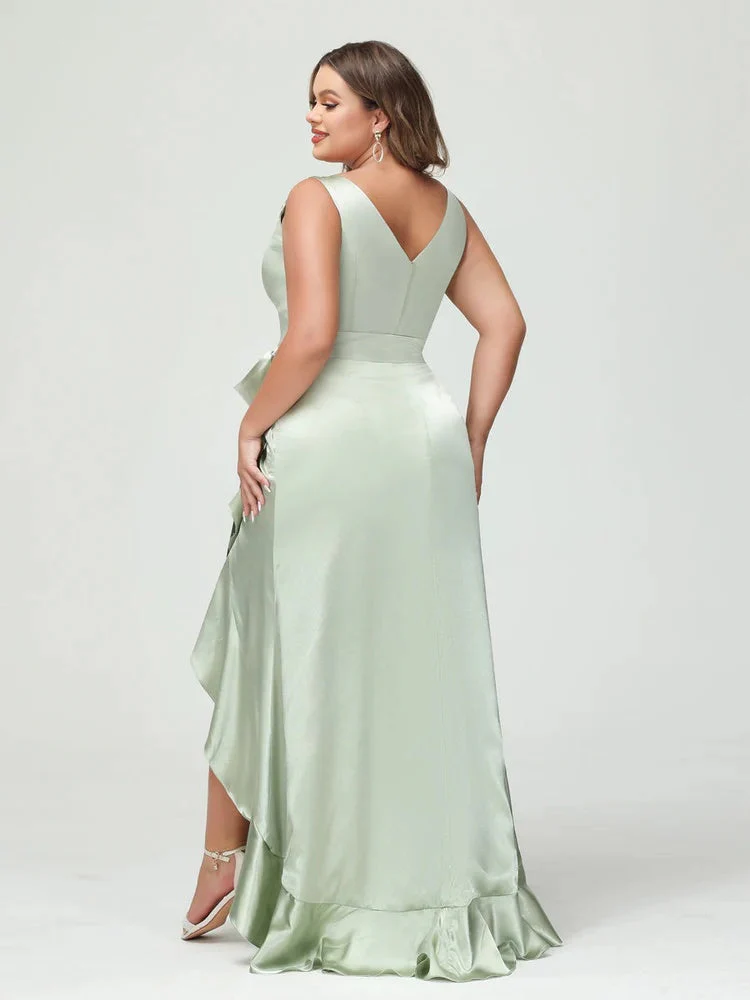 Sheath/Column V-Neck Sleeveless Ruffles High Low Plus Size Dresses with Pockets & Sash - Image 2