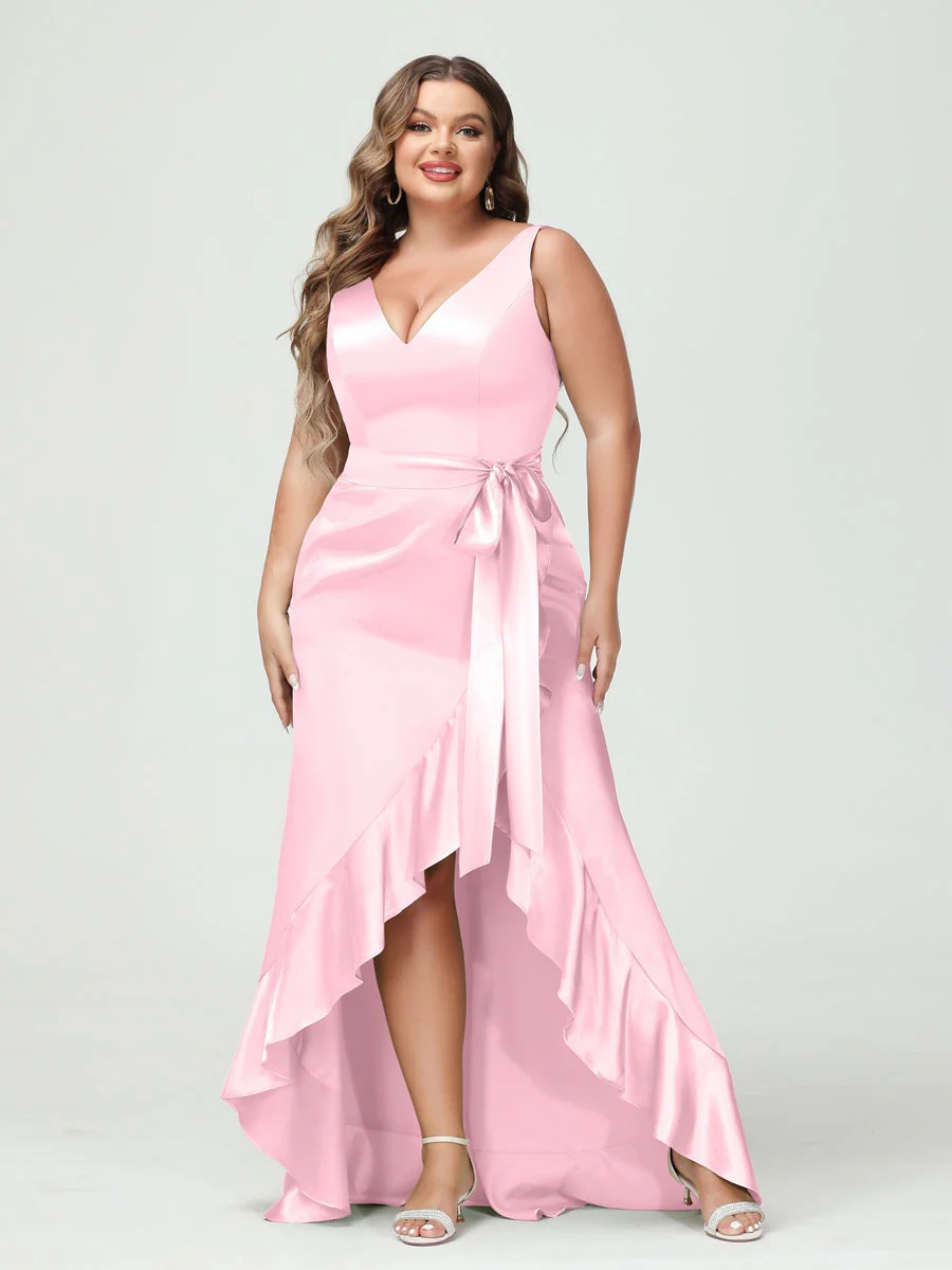 Sheath/Column V-Neck Sleeveless Ruffles High Low Plus Size Dresses with Pockets & Sash - Image 20