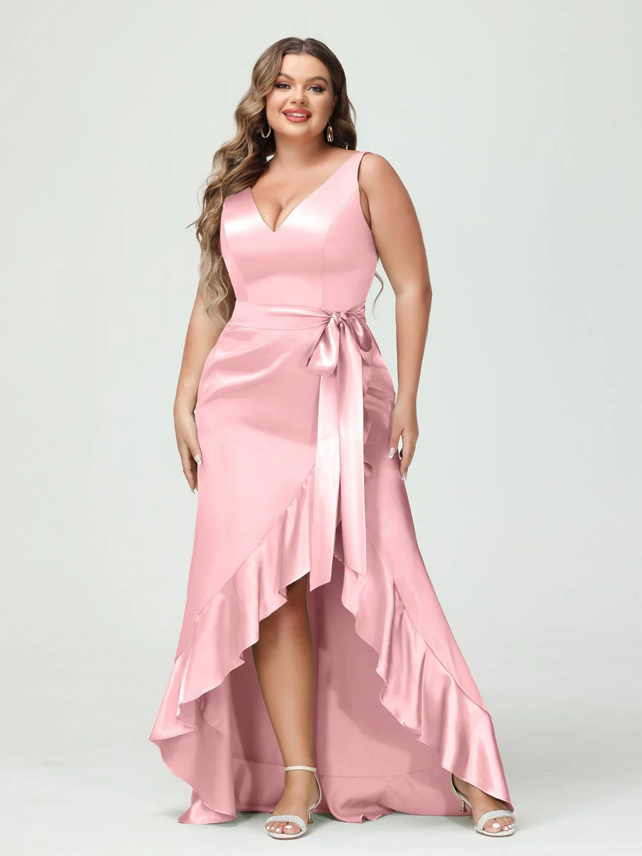 Sheath/Column V-Neck Sleeveless Ruffles High Low Plus Size Dresses with Pockets & Sash - Image 22