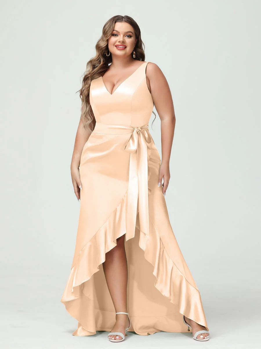 Sheath/Column V-Neck Sleeveless Ruffles High Low Plus Size Dresses with Pockets & Sash - Image 24