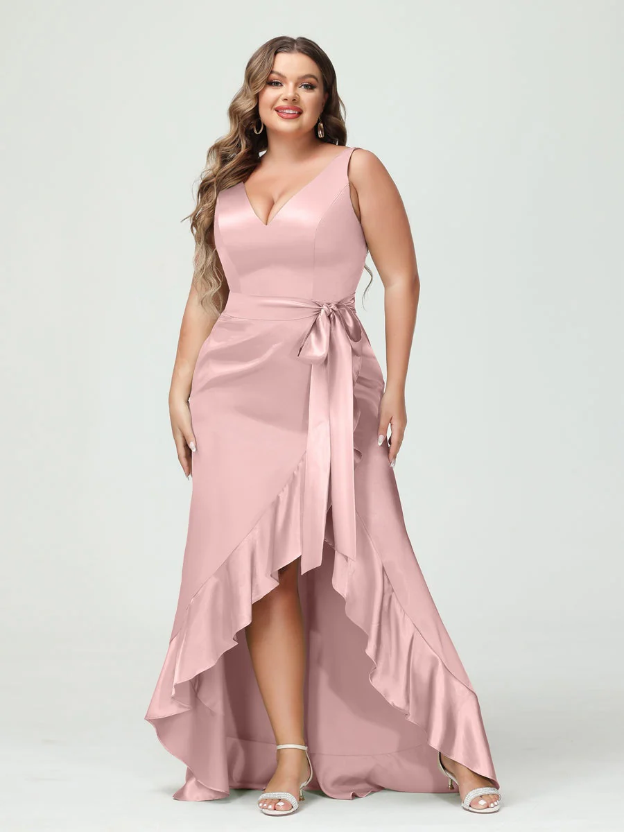 Sheath/Column V-Neck Sleeveless Ruffles High Low Plus Size Dresses with Pockets & Sash - Image 25