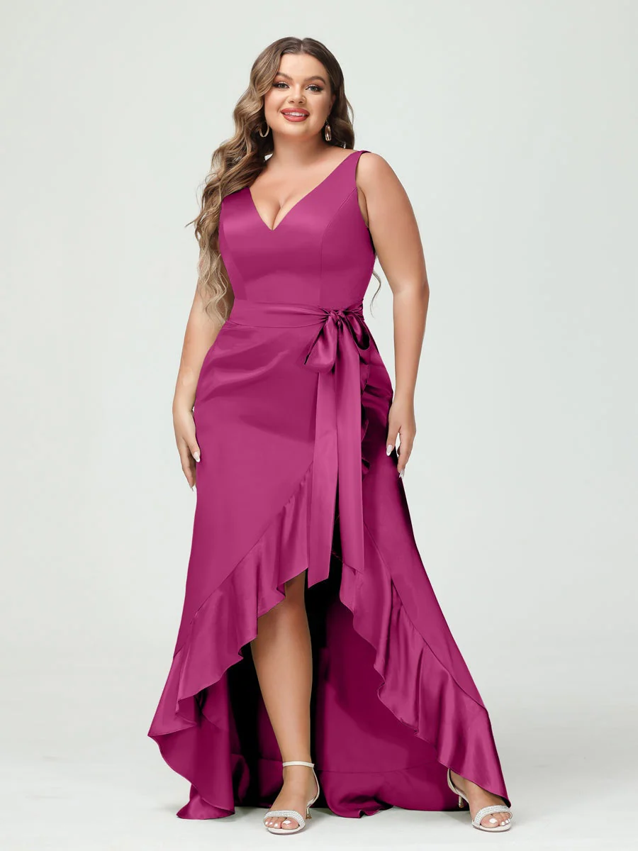 Sheath/Column V-Neck Sleeveless Ruffles High Low Plus Size Dresses with Pockets & Sash - Image 28