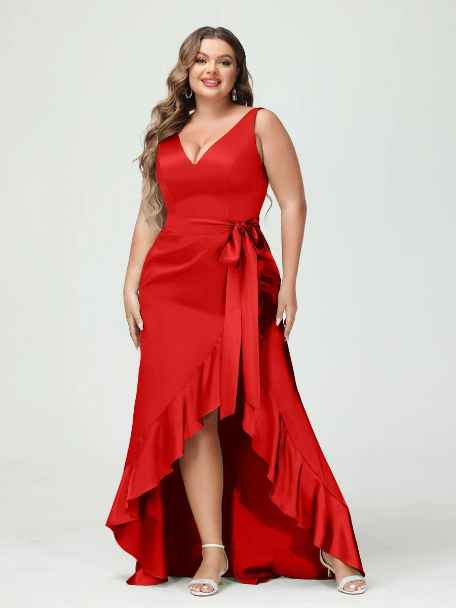 Sheath/Column V-Neck Sleeveless Ruffles High Low Plus Size Dresses with Pockets & Sash - Image 29