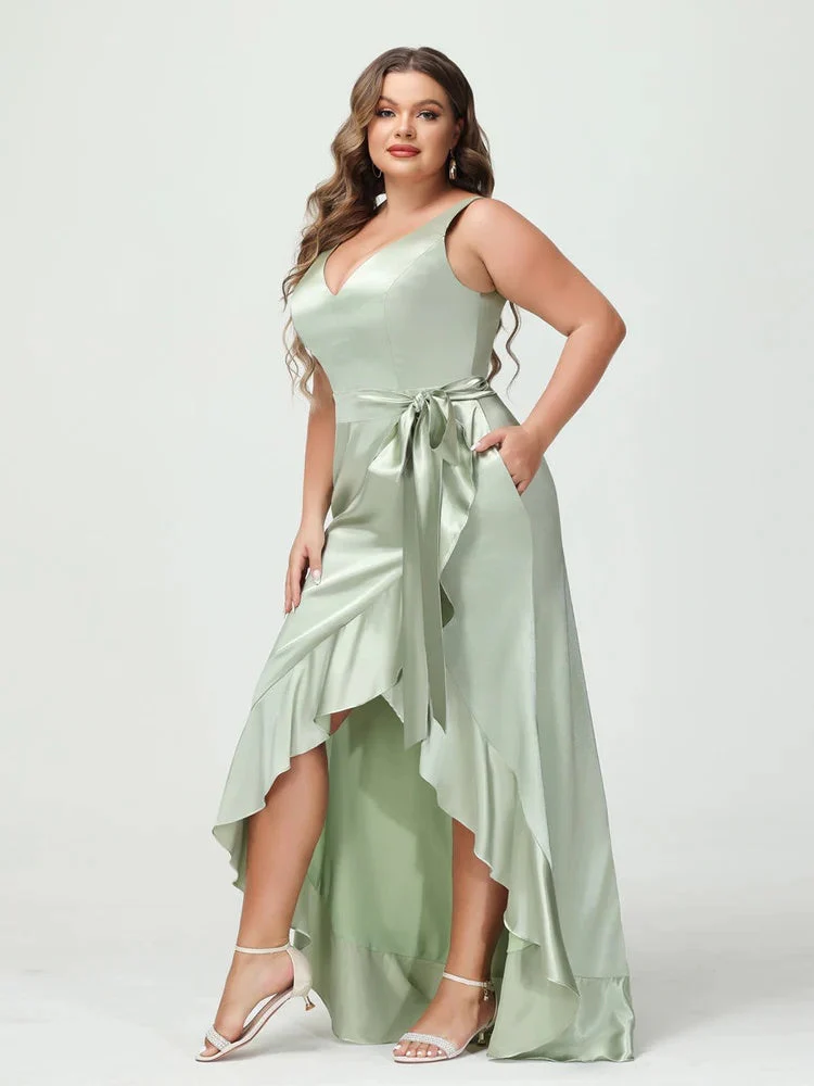 Sheath/Column V-Neck Sleeveless Ruffles High Low Plus Size Dresses with Pockets & Sash - Image 3