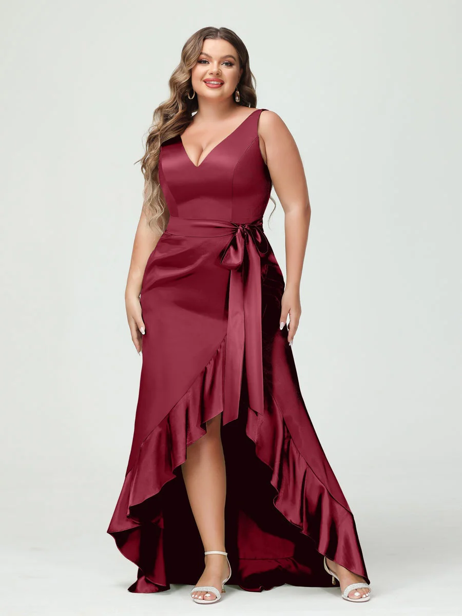 Sheath/Column V-Neck Sleeveless Ruffles High Low Plus Size Dresses with Pockets & Sash - Image 30