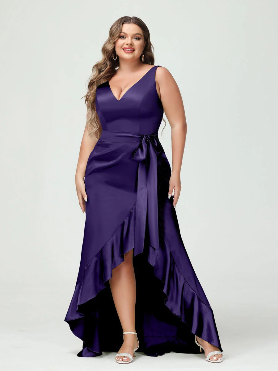 Sheath/Column V-Neck Sleeveless Ruffles High Low Plus Size Dresses with Pockets & Sash - Image 32