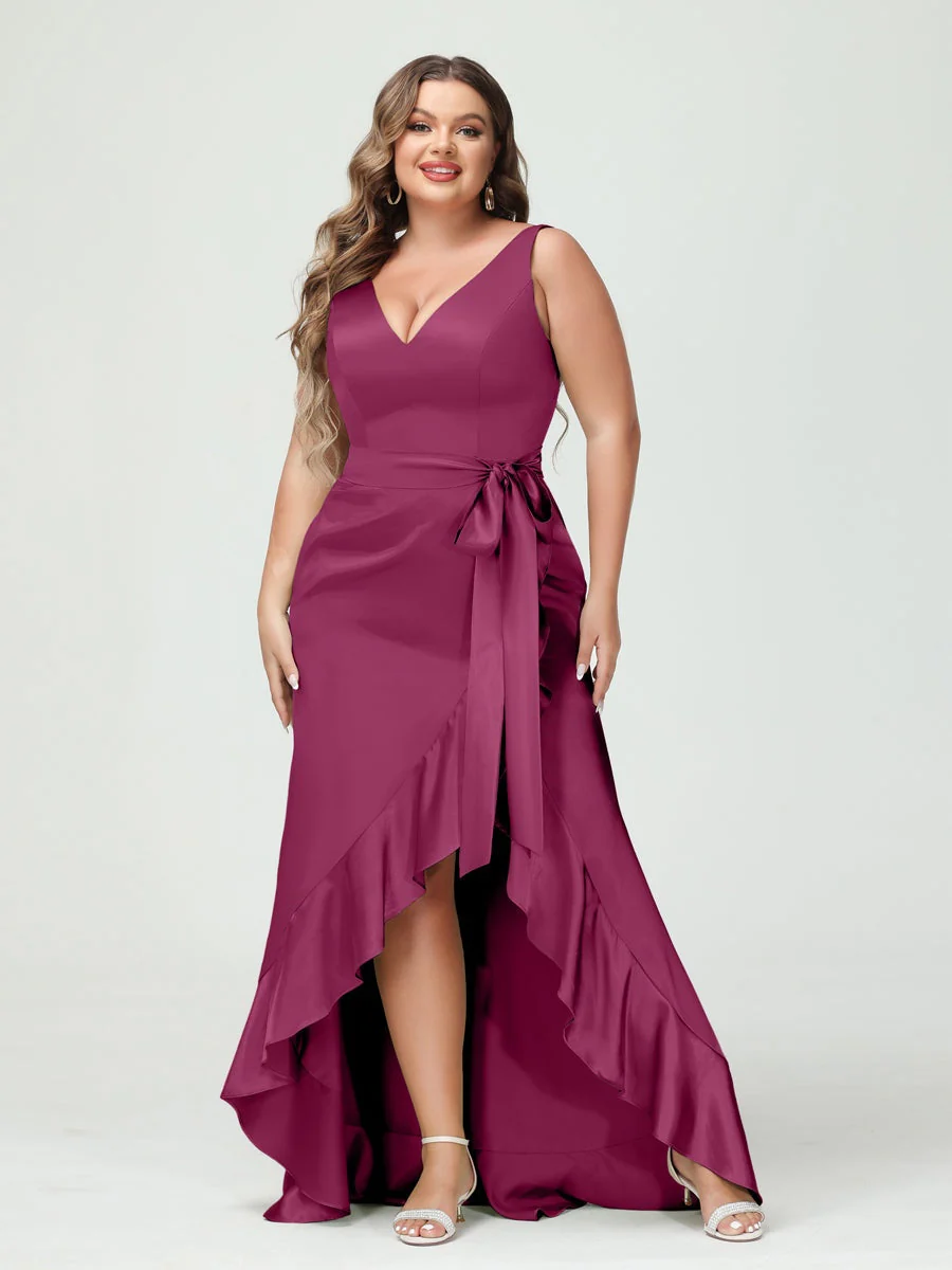 Sheath/Column V-Neck Sleeveless Ruffles High Low Plus Size Dresses with Pockets & Sash - Image 33