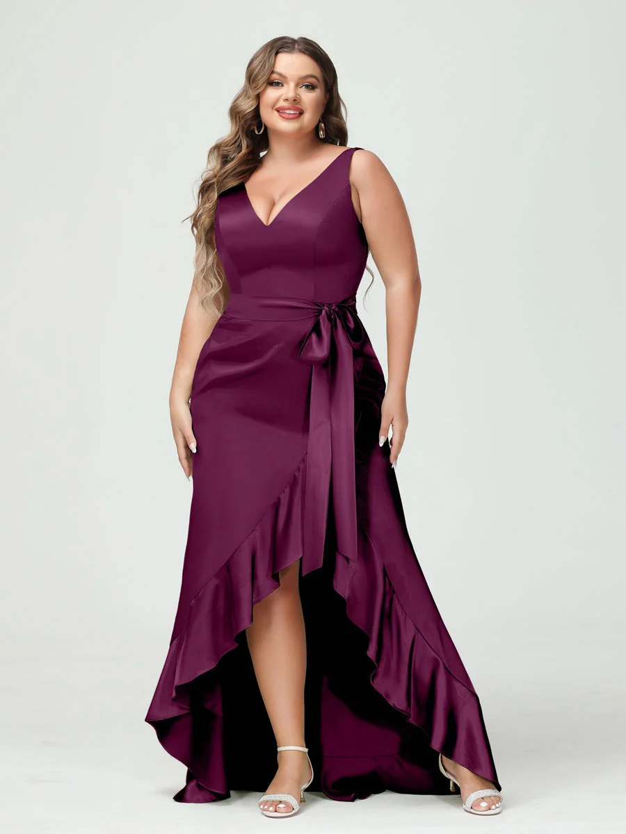 Sheath/Column V-Neck Sleeveless Ruffles High Low Plus Size Dresses with Pockets & Sash - Image 34