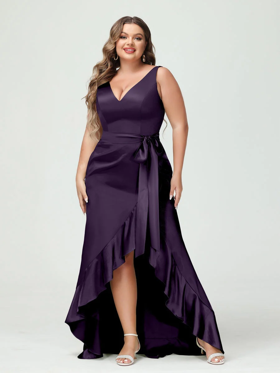 Sheath/Column V-Neck Sleeveless Ruffles High Low Plus Size Dresses with Pockets & Sash - Image 35
