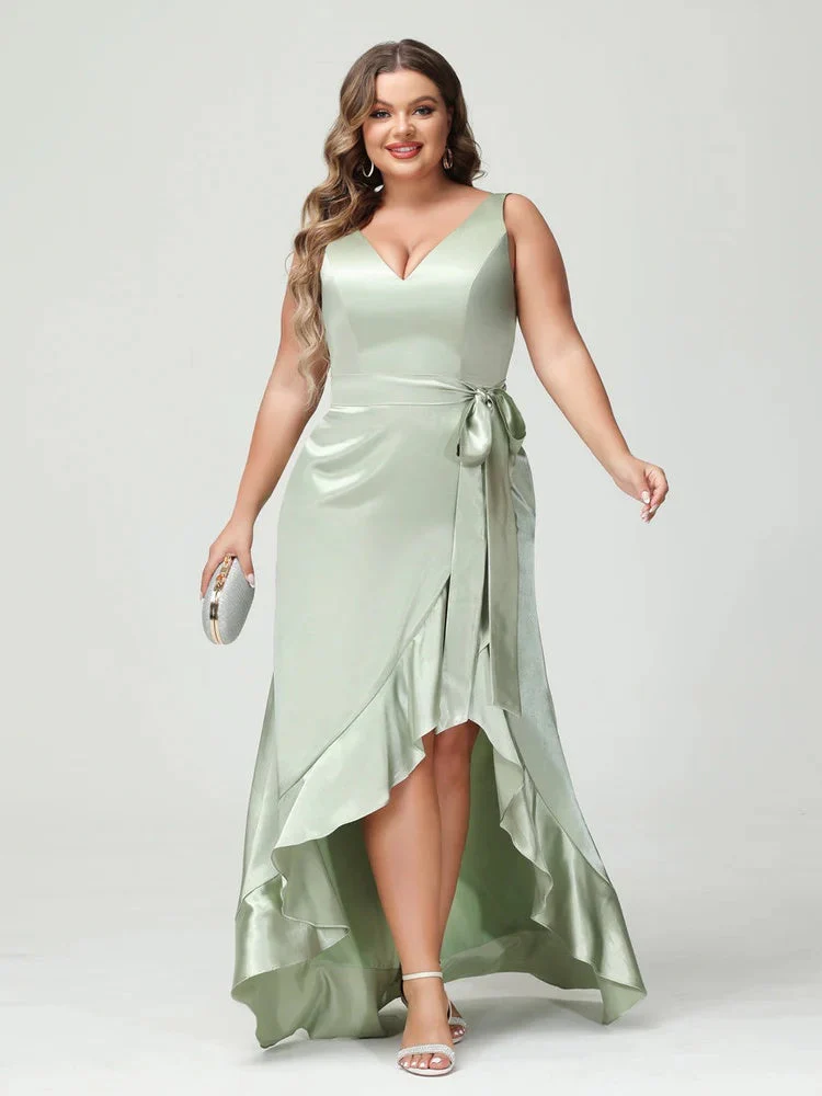 Sheath/Column V-Neck Sleeveless Ruffles High Low Plus Size Dresses with Pockets & Sash - Image 4
