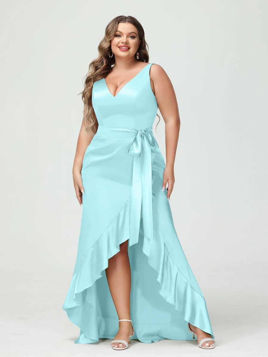 Sheath/Column V-Neck Sleeveless Ruffles High Low Plus Size Dresses with Pockets & Sash - Image 40