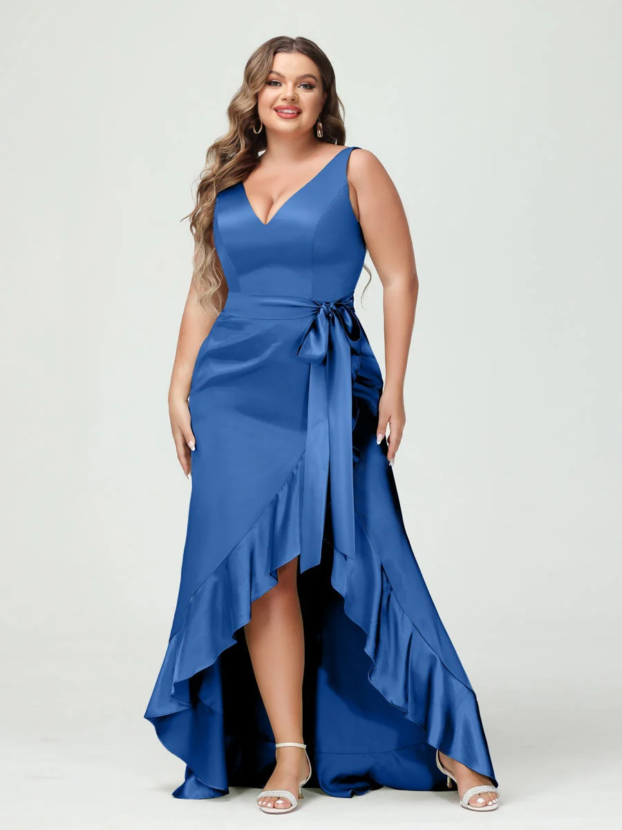 Sheath/Column V-Neck Sleeveless Ruffles High Low Plus Size Dresses with Pockets & Sash - Image 42