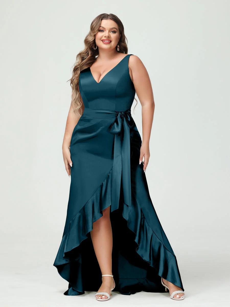 Sheath/Column V-Neck Sleeveless Ruffles High Low Plus Size Dresses with Pockets & Sash - Image 44