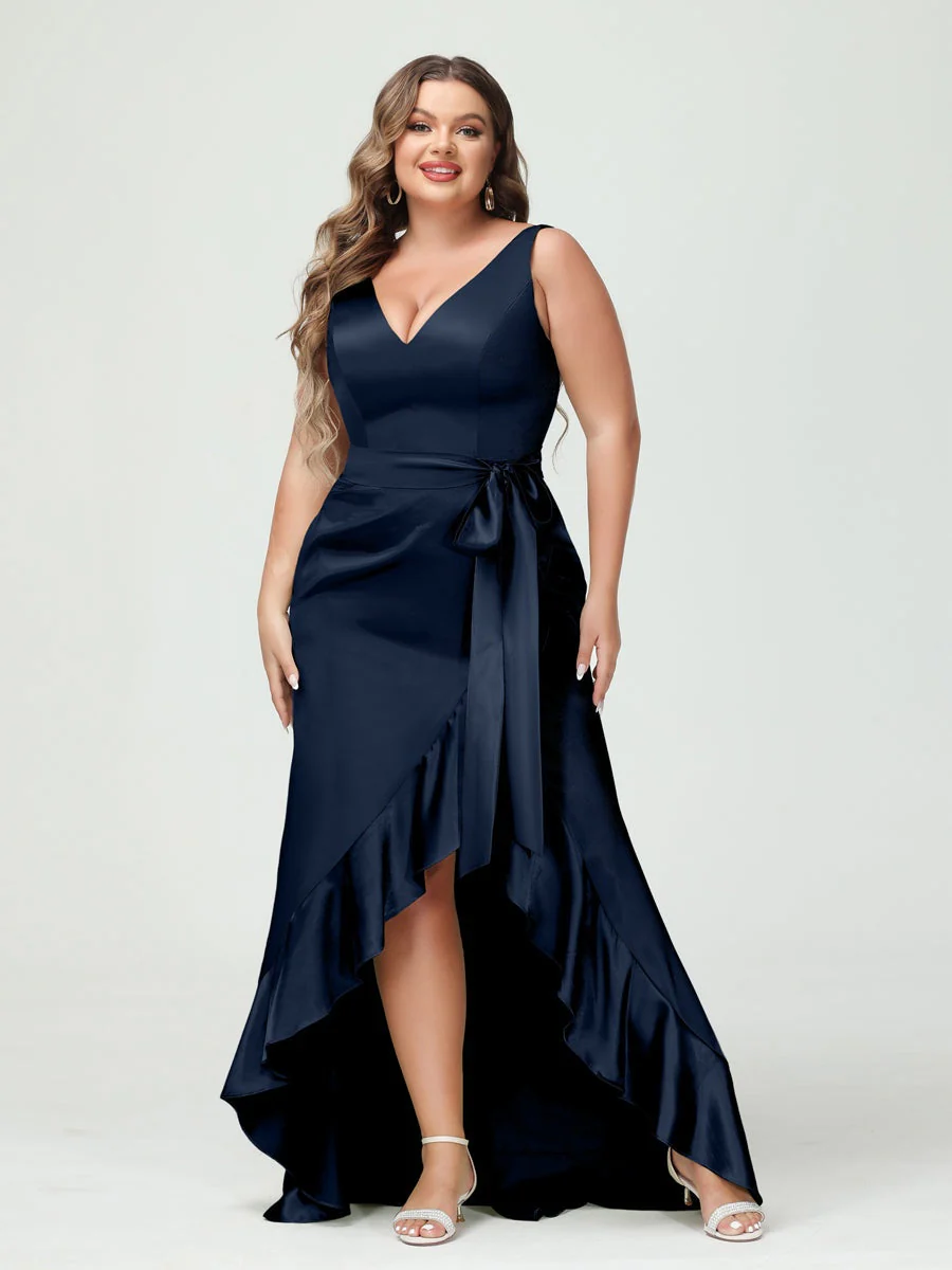 Sheath/Column V-Neck Sleeveless Ruffles High Low Plus Size Dresses with Pockets & Sash - Image 45