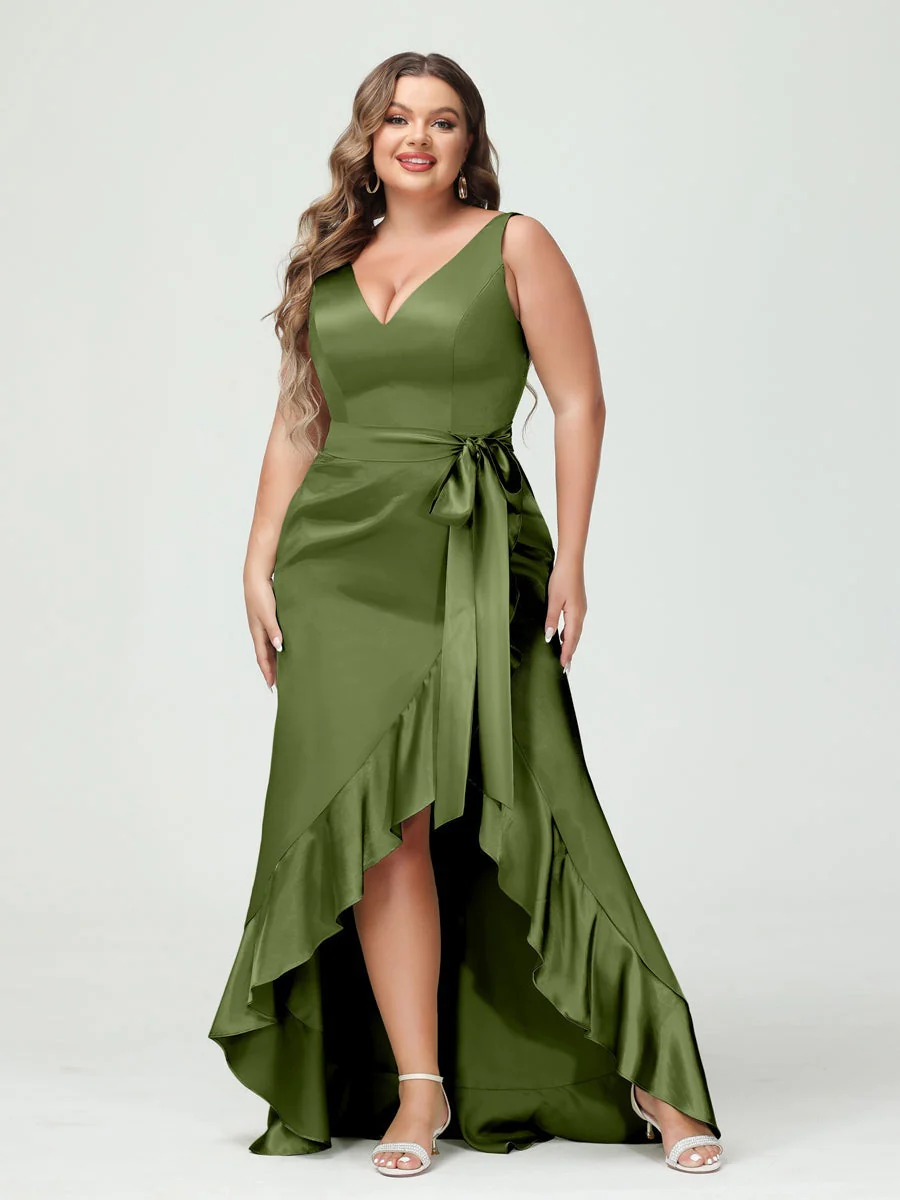 Sheath/Column V-Neck Sleeveless Ruffles High Low Plus Size Dresses with Pockets & Sash - Image 49
