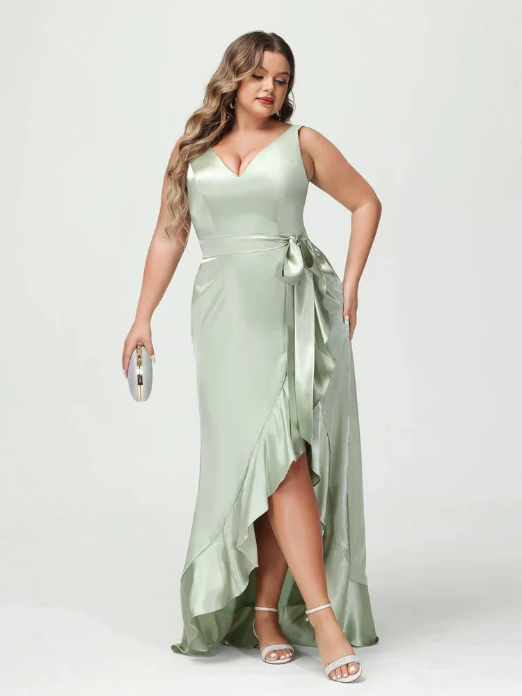 Sheath/Column V-Neck Sleeveless Ruffles High Low Plus Size Dresses with Pockets & Sash - Image 5