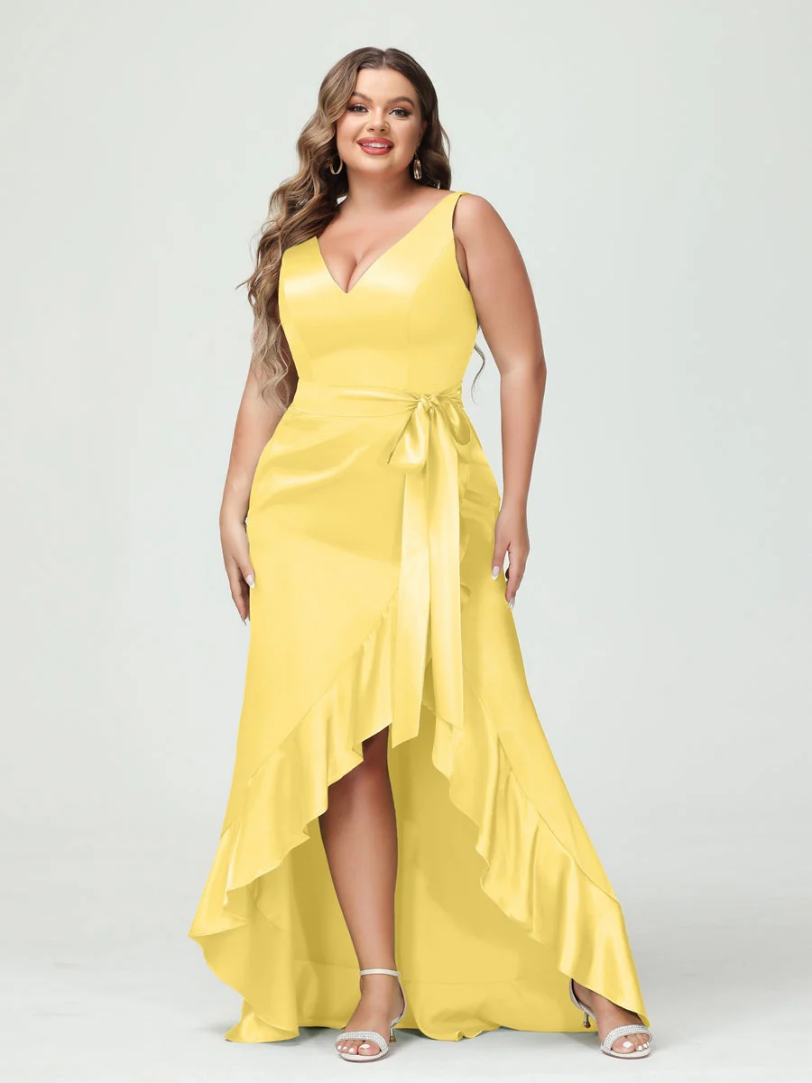 Sheath/Column V-Neck Sleeveless Ruffles High Low Plus Size Dresses with Pockets & Sash - Image 52
