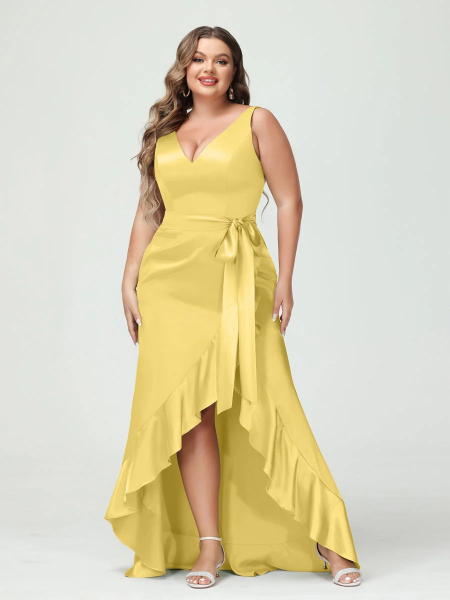 Sheath/Column V-Neck Sleeveless Ruffles High Low Plus Size Dresses with Pockets & Sash - Image 53