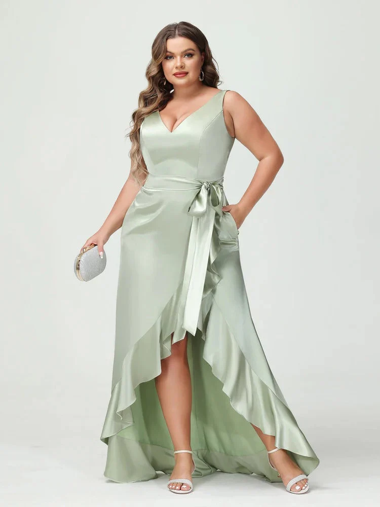 Sheath/Column V-Neck Sleeveless Ruffles High Low Plus Size Dresses with Pockets & Sash - Image 6