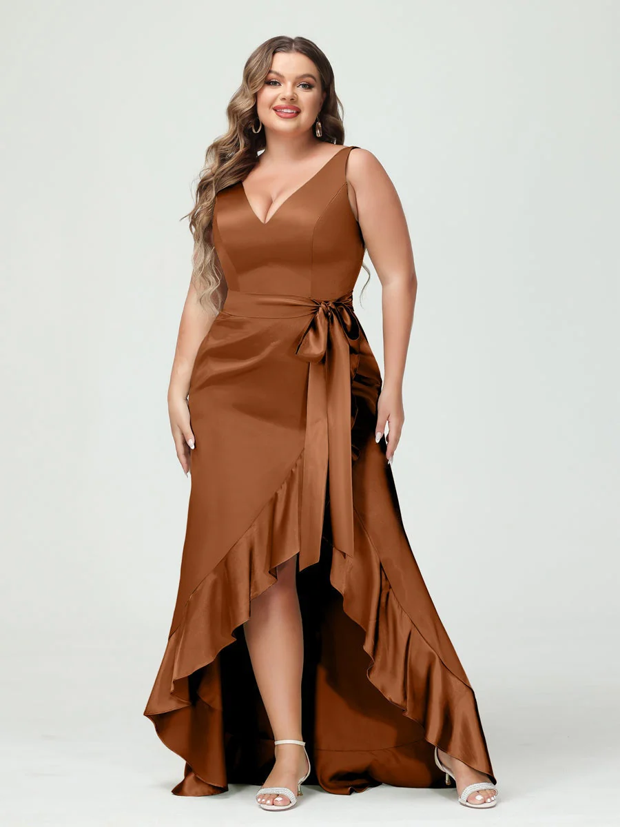 Sheath/Column V-Neck Sleeveless Ruffles High Low Plus Size Dresses with Pockets & Sash - Image 9