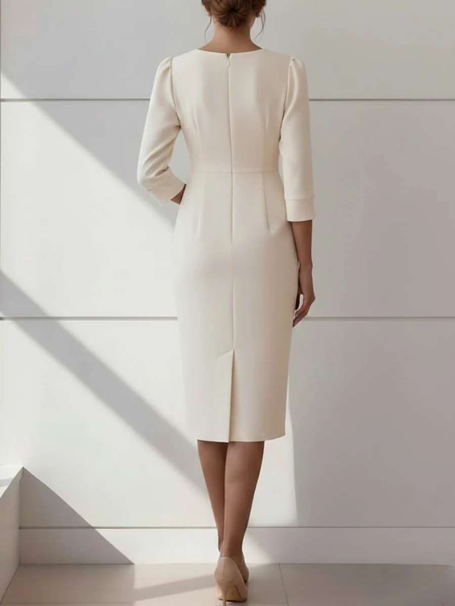 Sheath/Column V-Neck Stretch Satin Cocktail Dresses with Pearl Tea-Length 3/4 Sleeves Formal Dress - Image 2