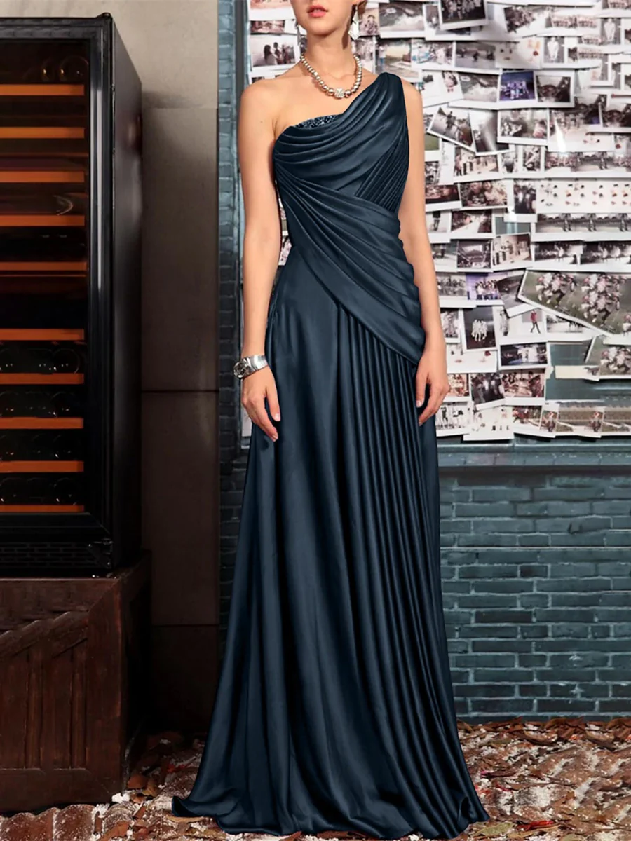 Sheath One Shoulder Sleeveless Floor Length Mother of the Bride Dresses with Pleats Crystals Draping - Image 16