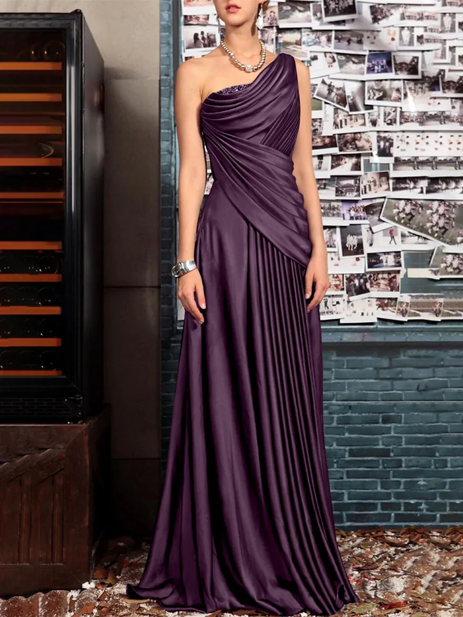 Sheath One Shoulder Sleeveless Floor Length Mother of the Bride Dresses with Pleats Crystals Draping - Image 19