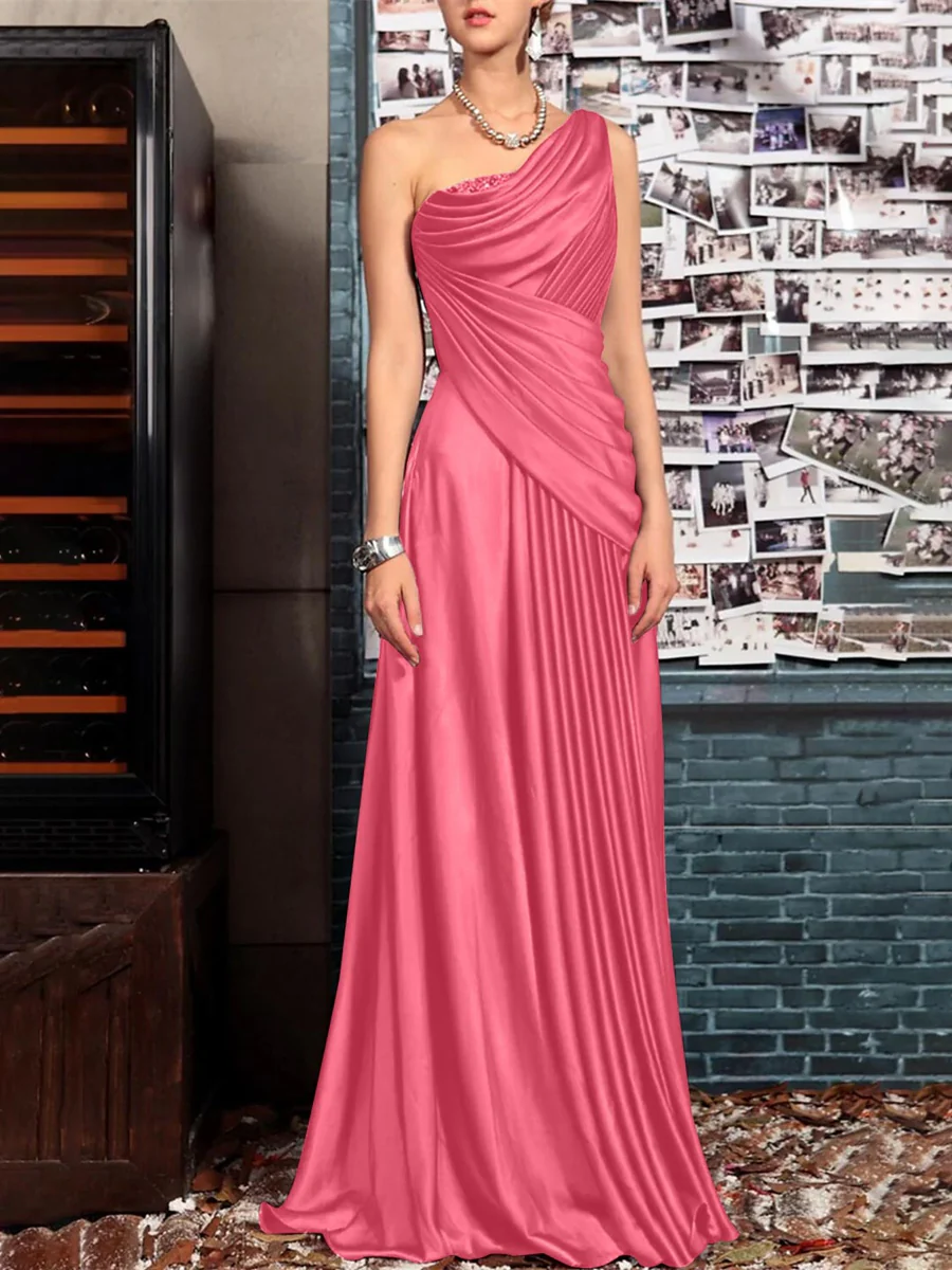 Sheath One Shoulder Sleeveless Floor Length Mother of the Bride Dresses with Pleats Crystals Draping - Image 28