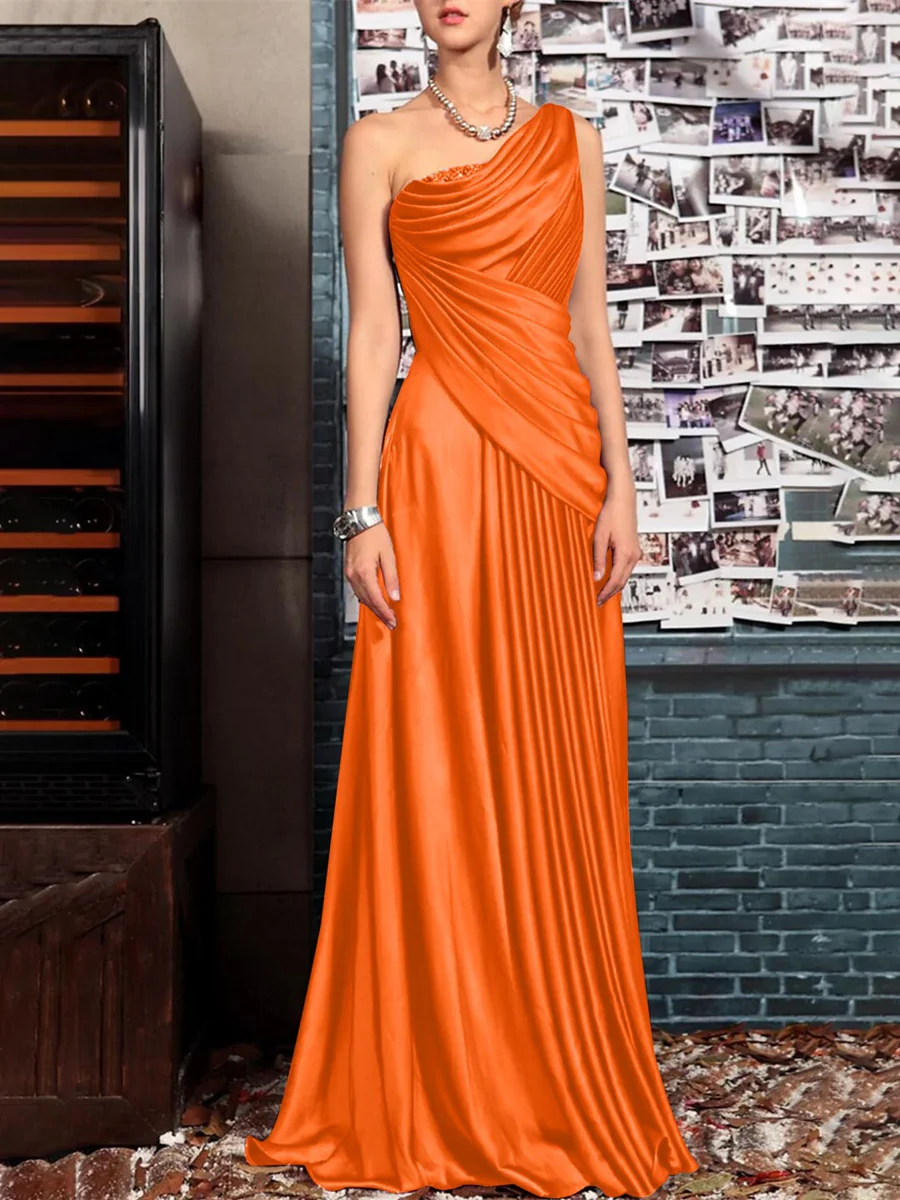 Sheath One Shoulder Sleeveless Floor Length Mother of the Bride Dresses with Pleats Crystals Draping - Image 30