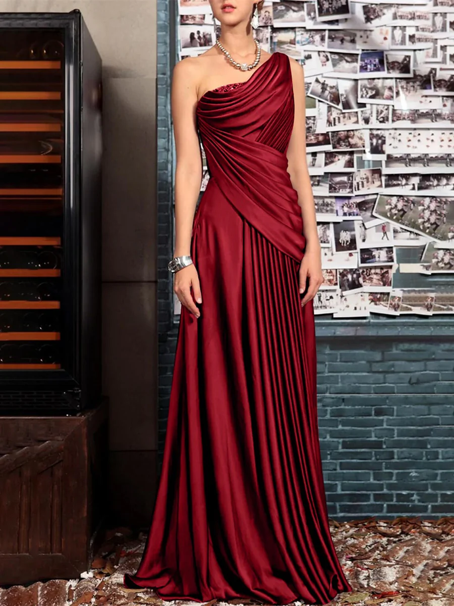 Sheath One Shoulder Sleeveless Floor Length Mother of the Bride Dresses with Pleats Crystals Draping - Image 8