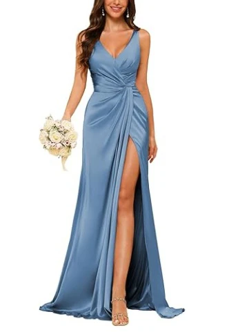 Sheath V-Neck Sleeveless Floor-Length Bridesmaid Dress with Ruched - Image 9