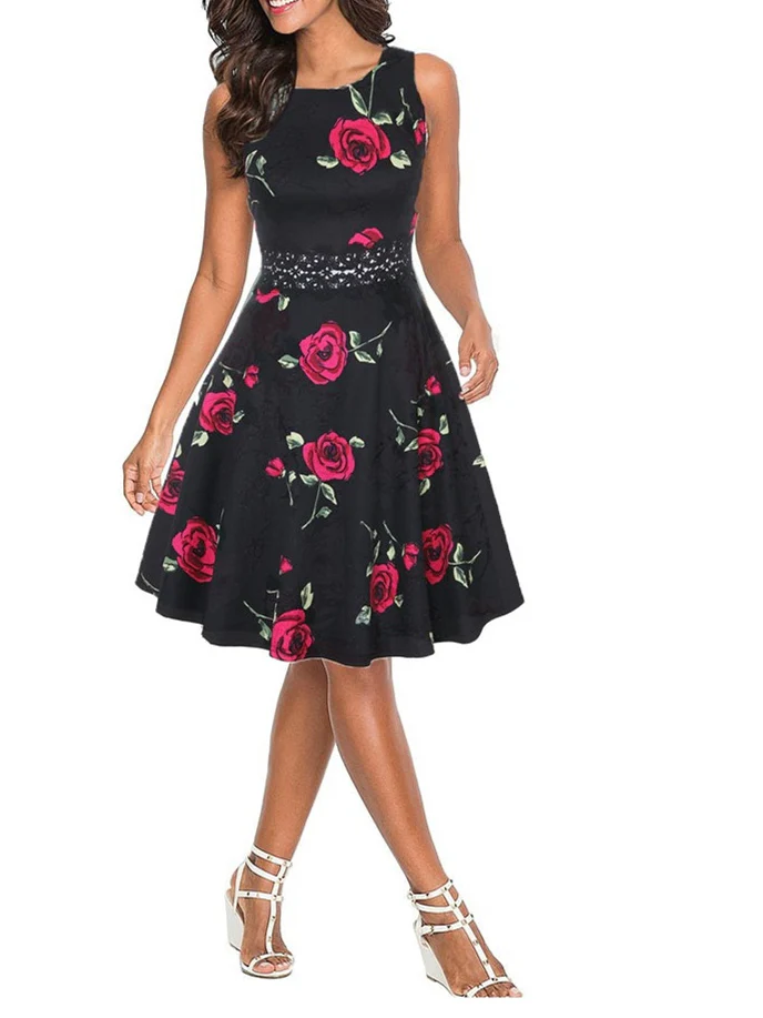 Short/Mini Polyester Scoop Neck Sleeveless Printing Women's Vintage Dresses - Image 2