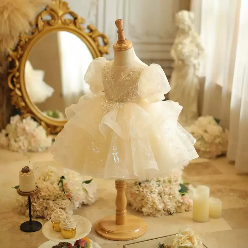 Short Sleeves A-Line/Princess Lace Baby Girl Dress with Beading Appliques & Bow - Image 3