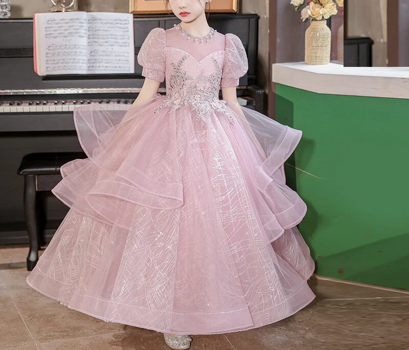 Short Sleeves Floor Length Princess Girl Party Dress with Rhinestones Appliques - Image 3