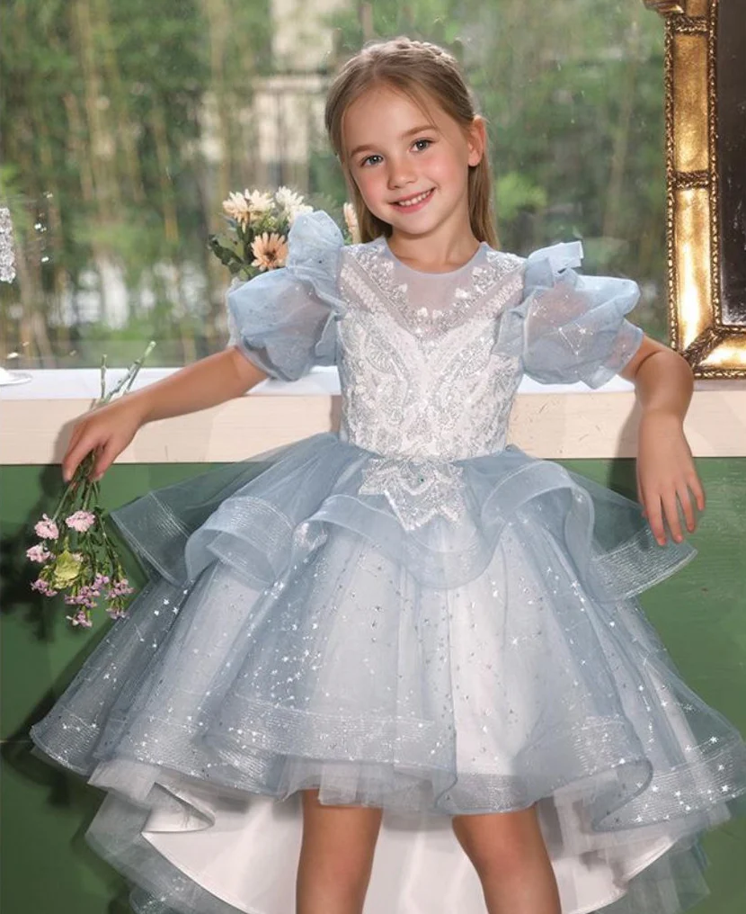 Short Sleeves High Low Round Neck Flower Girl Party Dress with Rhinestone Appliques - Image 5