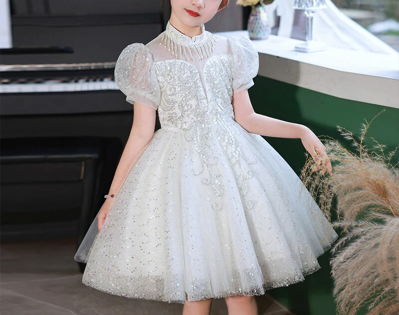 Short Sleeves Knee-Length Princess Flower Girl Lace Party Dress with Crystal Appliques - Image 5